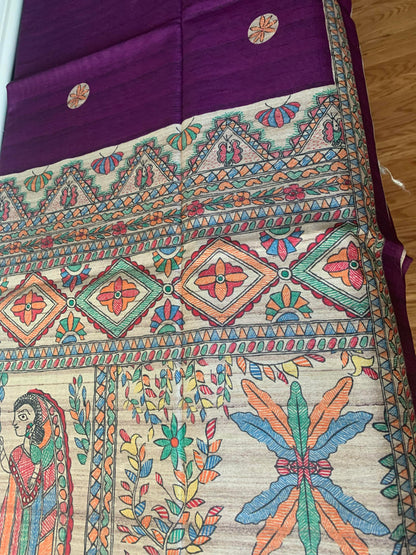 Madhubani Print On Semi Tussar Silk Saree